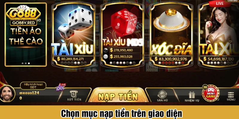 Chọn mục nạp tiền trên giao diện